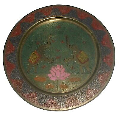 Vintage Asian Brass Hand-Painted Decorative Elephant Plate From India-9 Inches