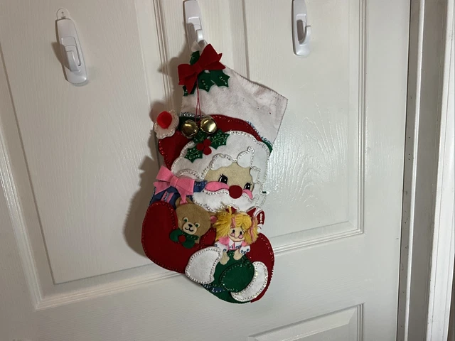 Vintage Finished Bucilla Christmas Stocking Felt and Sequin Santa with Toys Read