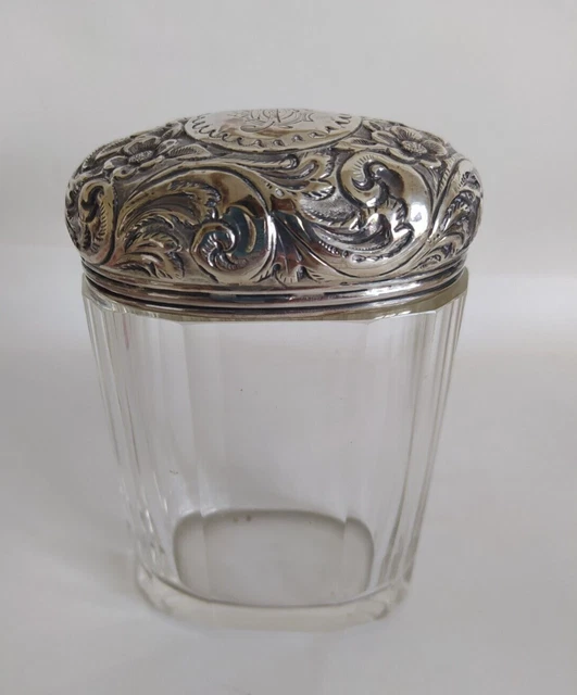 Sterling Silver Top Glass Oval Storage Vanity Jar London 1894 Sterling Silver Top Glass Oval Storage Vanity Jar London 1894
