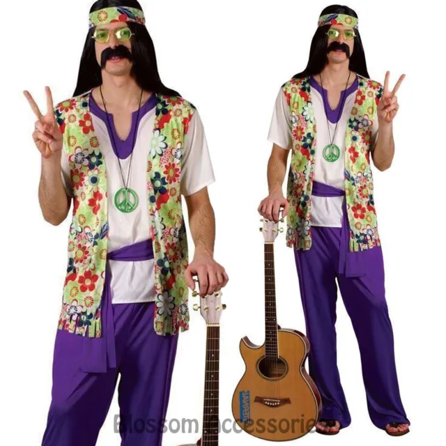 K272 Hippie Mens 60's 70's Disco Peace Groovy Halloween Fancy Dress Up Costume
