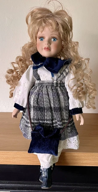 Leonardo Vintage Porcelain Doll Curly Blond Hair Blue White Check Lace Dress 16”