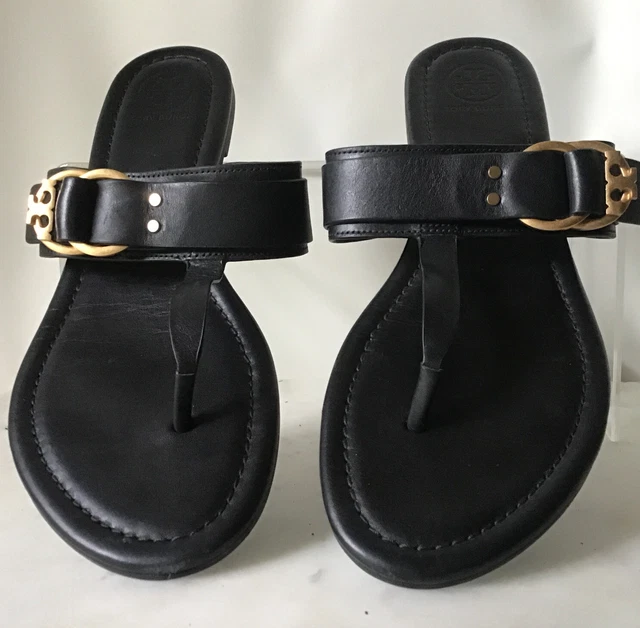 Tory Burch Marsden Black Leather Thong Sandals Size 8 Excellent