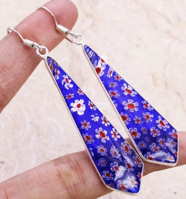Dichroic Glass 925 Silver Plated Handmade Earrings of 2.5" Ethnic Gift