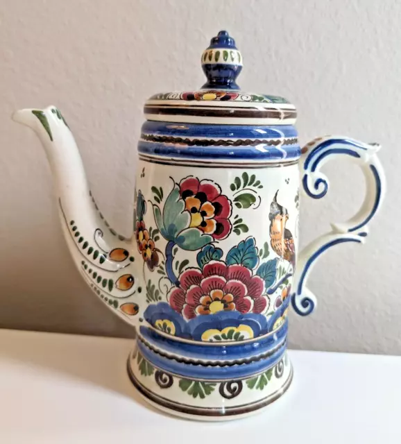 Delft pottery teapot polychrome floral bird Holland blue flowers botanical