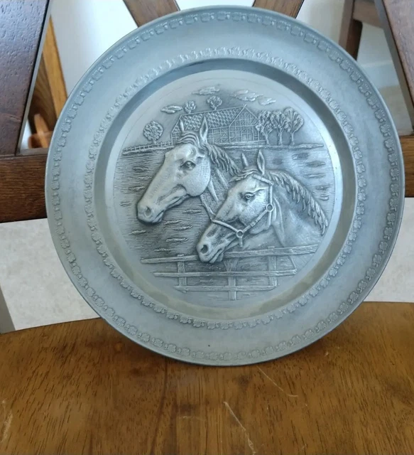 Horses Pewter Plate Wall Hanging 9" W Angel Mark For Best Quality Vintage