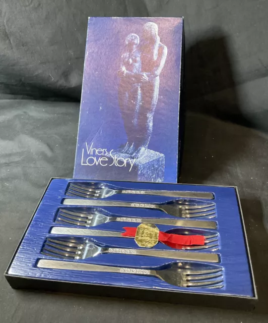 6 Vintage Viners Love Story Dessert Forks Stainless Steel Cutlery Retro 7 1/4”