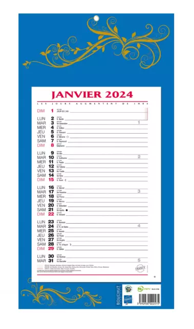 Bouchut Calendrier mensuel à feuillets 2024 c: marine format 19 x 36cm NEUF
