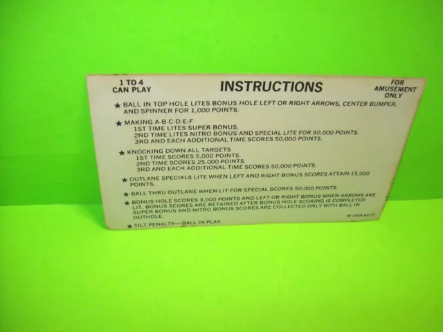 NITRO GROUND SHAKER Original 1978 Pinball Machine Instruction Rules Card