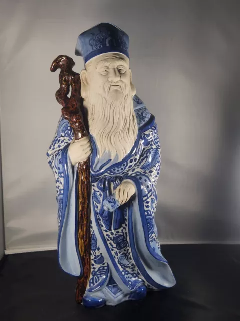 Japanese Kutani Jurojin God Of Wisdom Statue Hand Painted Cobalt Blue And White
