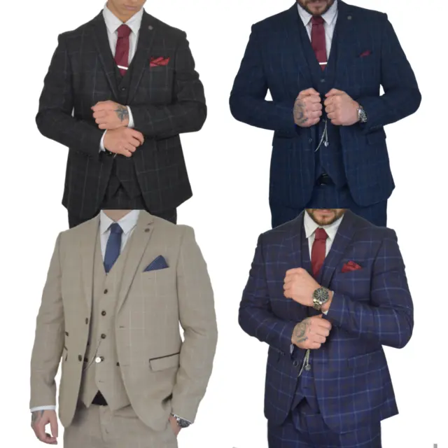Mens Check Tweed Tailored Fit Peaky Blinders Wedding 3 Piece Suit By Paul Andrew