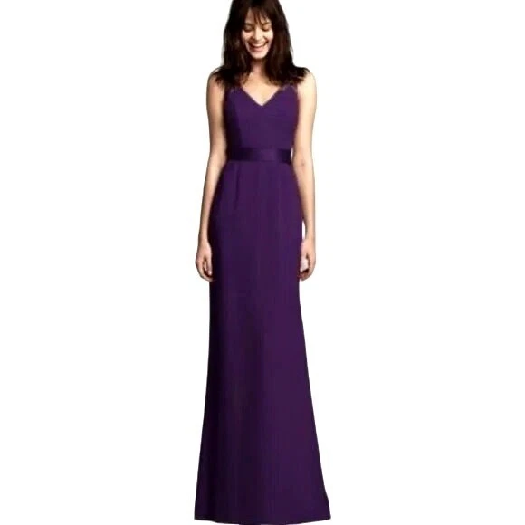 Vera Wang White Purple Amethyst Crepe V Neck Belted Fit And Flare Gown Size 12