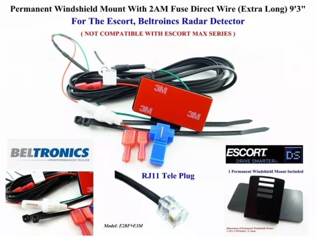 Permanent Windshield Mount + 9'3" Direct Wire ESCORT, BELTRONICS Radar Detector