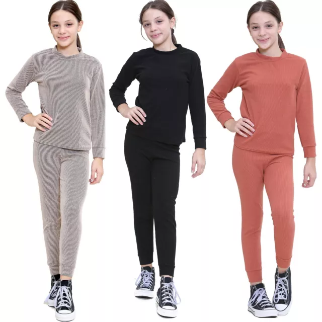 Kids Girls Ribbed Top & Bottom Tracksuit Lounge Wear Long Sleeves Outfit Set