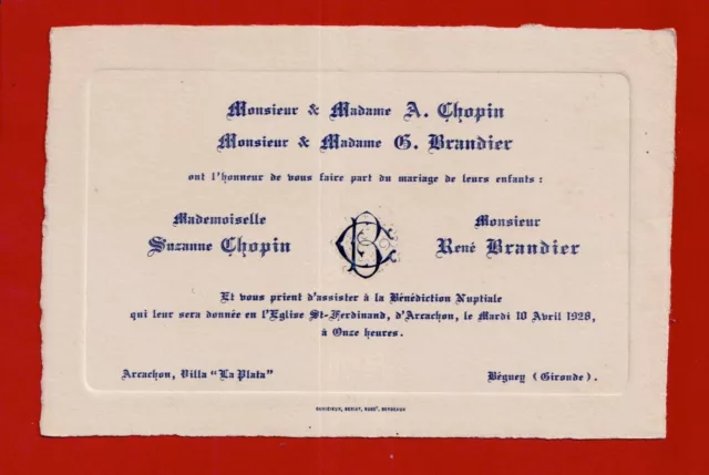 Bv82-Faire Part-Mariage-René Brandier-Suzanne Chopin-Arcachon-1928