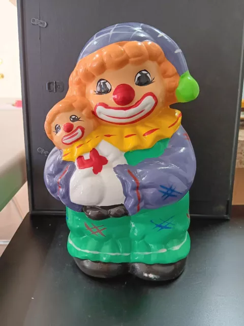 Vintage Clown Coin Piggy Bank 9” Colorful Hand Painted Ceramic w/ Baby Doll