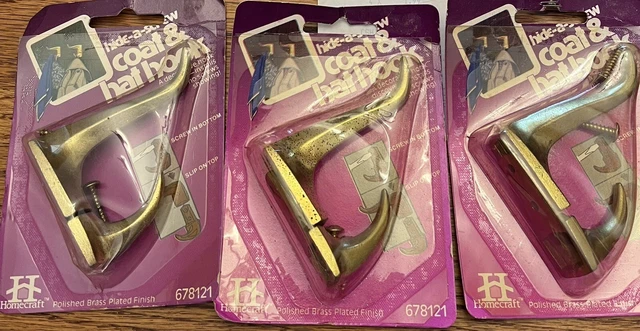 3 Vintage Brass Double Wall Hook - Coat Hat Clothes Hanger 1983 NOS IN PACKS