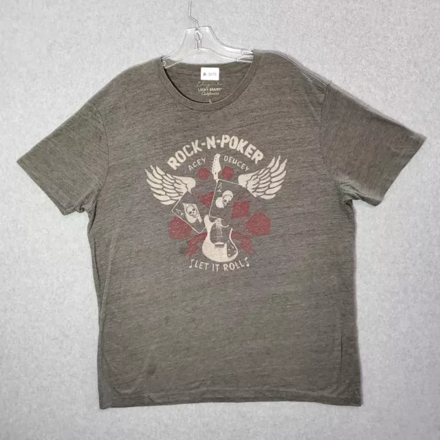 Lucky Brand Men Shirt Large Gray Rock-N-Poker Acey Deucey Skull Guitar READ