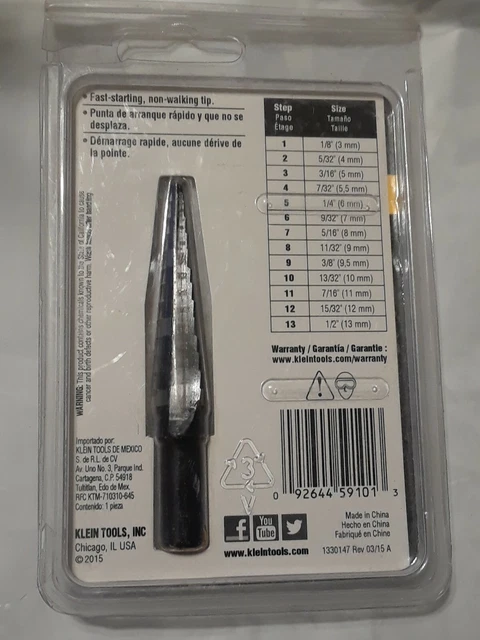 Klein Tools KTSB01 Step Drill Bit #1 - Double-Fluted 1/8" - 1/2" 2