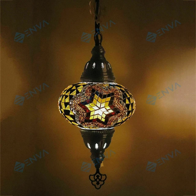 Suspension Mosaïque Turque En Laiton Antique - Plafonnier Tiffany Fait Main, LED Incluse