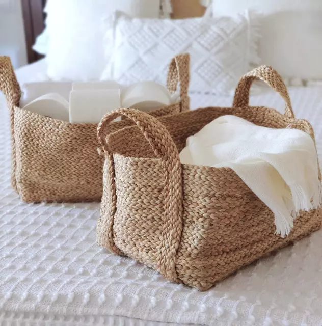 Handmade Woven Basket 100% Jute, 10 x 7” Set of 2 Storage Basket for Living Room