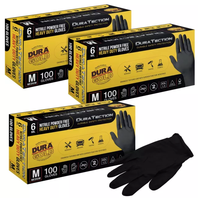 Dura-Gold HD Black Nitrile Disposable Gloves, 3 Boxes of 100, Size Medium, 6 Mil