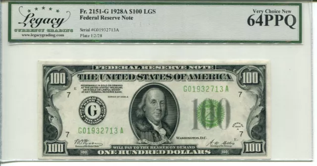 FR 2151-G 1928A $100 Federal Reserve LIGHT GREEN SEAL 64 PPQ VERY CHOICE NEW