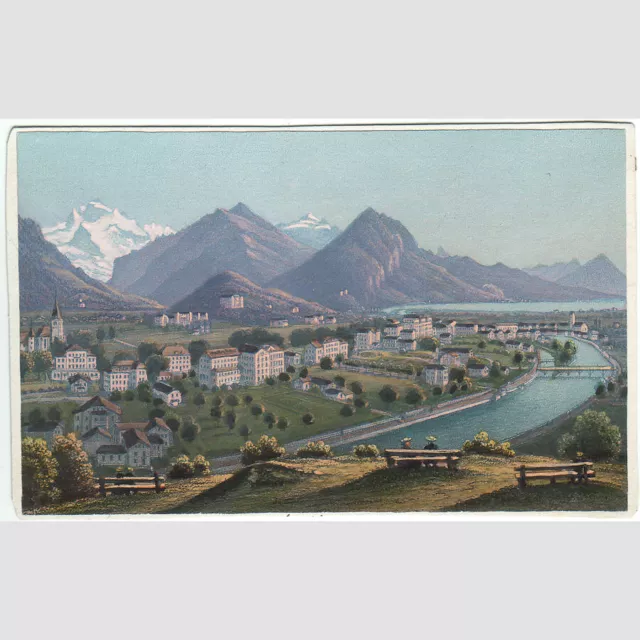 Rudolf Dikenmann: Interlaken, herrliche hand-kolorierte Ansicht um 1865