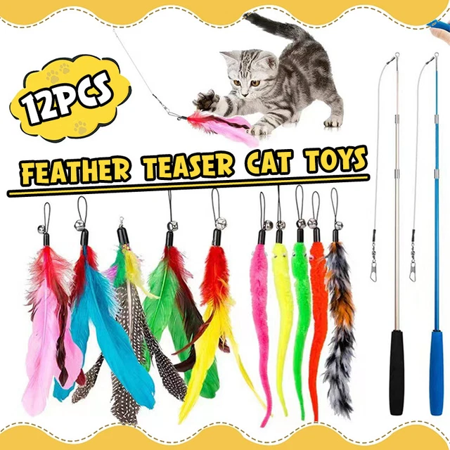 12PCS Kitten Cat Feather Toy Bell Wand Teaser Rod Interactive Play Pet Toys Gift