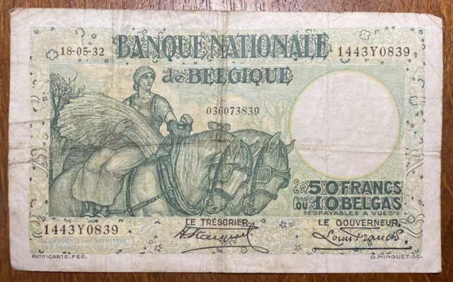 Belgique Billet De 50 Francs 10 Belgas Du 18-5-32 (Bill 77)