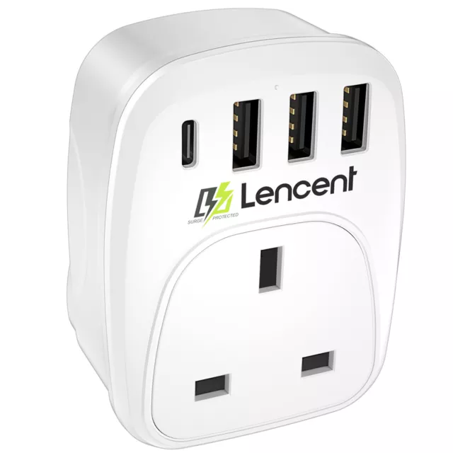 LENCENT USB Plug Charger UK with 1 Type C and 3 USB Ports 1 Way Socket Extension