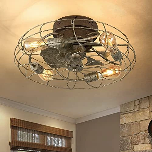 21'' LOW PROFILE Caged Ceiling Fan with Lights Remote 21-in Galvanized