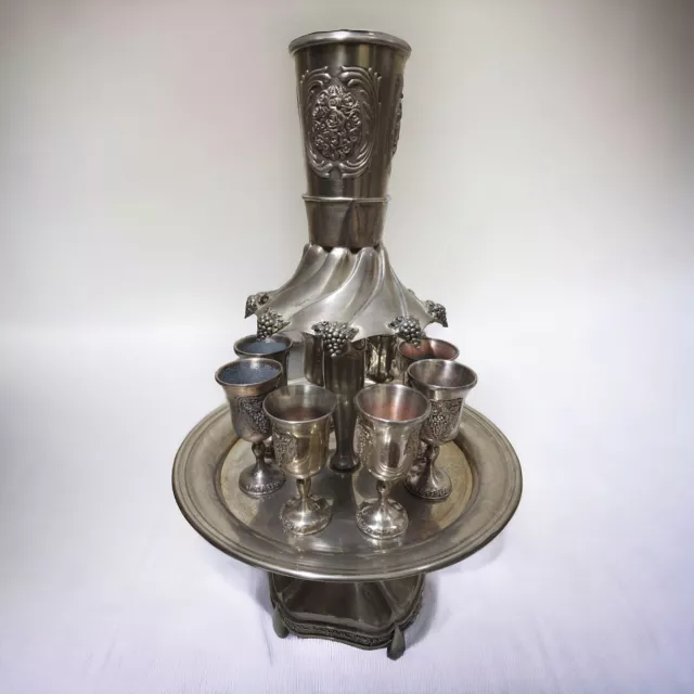 Judaica Silver Plated Wine Fountain Kiddush Vintage 8 small, 1 large Cups 12.2"