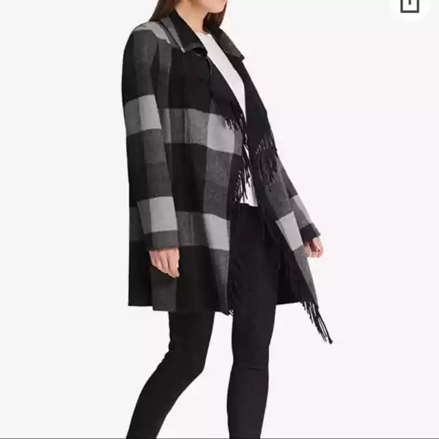 NWT DKNY Open Front Fringe Grey Check Wool Coat Women's Size Large