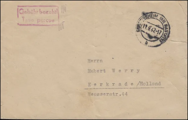 Gebühr-bezahlt-Stempel auf Brief DURMERSHEIM (KS RASTATT) 11.9.47 n. Holland