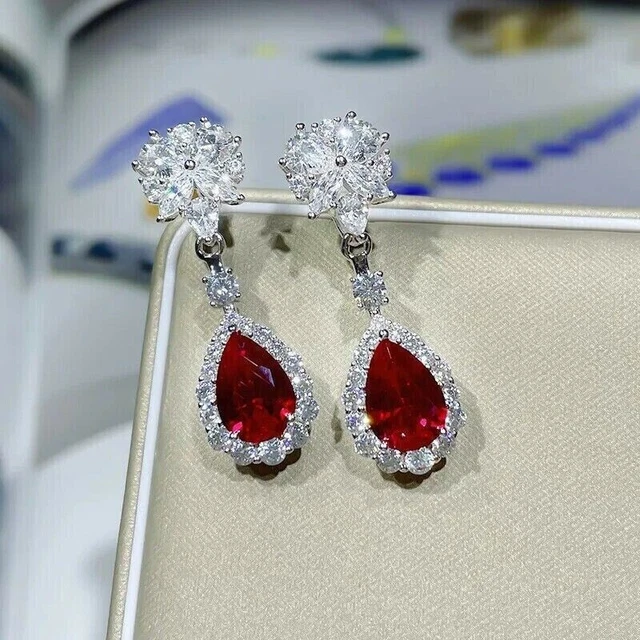 2.00Ct Pear Lab-Created Garnet Wedding Drop Dangle Earring 14k White Gold Plated