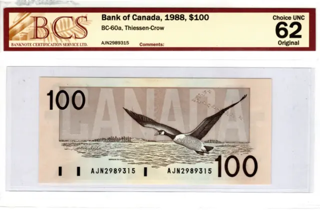 CANADA (Bank of Canada) $100 Dollars 1988 BCS UNC-62 Banknotes CH-60a Pfx AJN