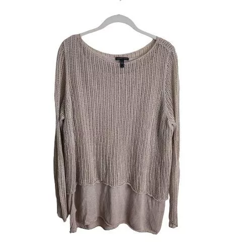 Eileen Fisher Neutral Organic Linen Layered Open Knit Sweater Size L