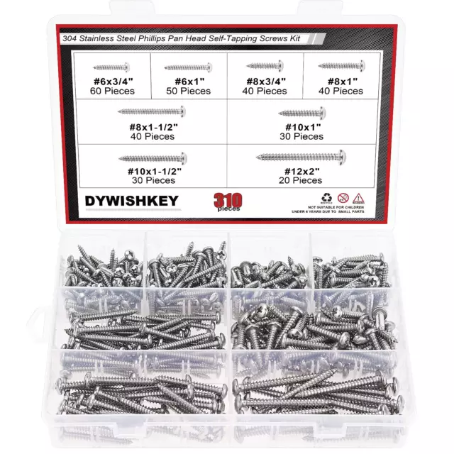 310 Pieces #6#8#10#12 Stainless Steel 304 Phillips Pan Head Self-Tapping Screws,