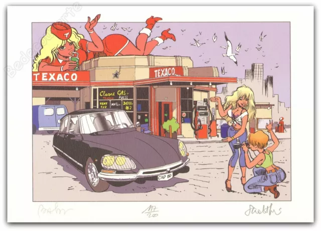 Ex-libris Walthéry Pin-up et voiture Citroën DS 200ex signé 21x29,7