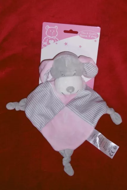 Peluche Doudou Plat Grelot Chien Blanc Gris et Rose Tom & kiddy Bisous d’Ange