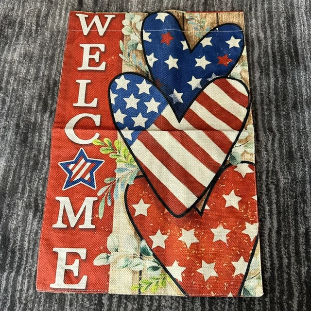 Patriotic Heart USA Garden Flag 4th July Double Sided 12x18in Burlap US Seller