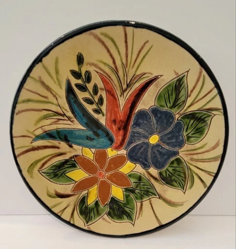 Rare 9" Wall Art Hang Plate Floral Hand Painted Redware Pottery Majolica  P1