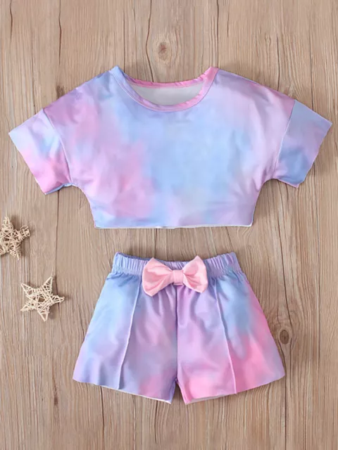Tie Dye Casual Outfits Sets Kids Girls Tracksuits Crop T-shirt Top with Shorts 2