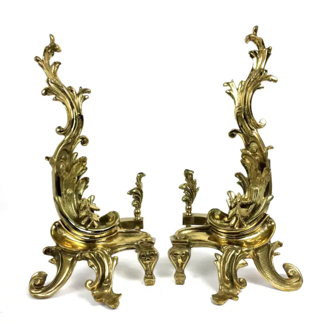 Andirons Rocco / Louis XV Vintage Solid Brass Acanthus Leaves Fireplace Chenets