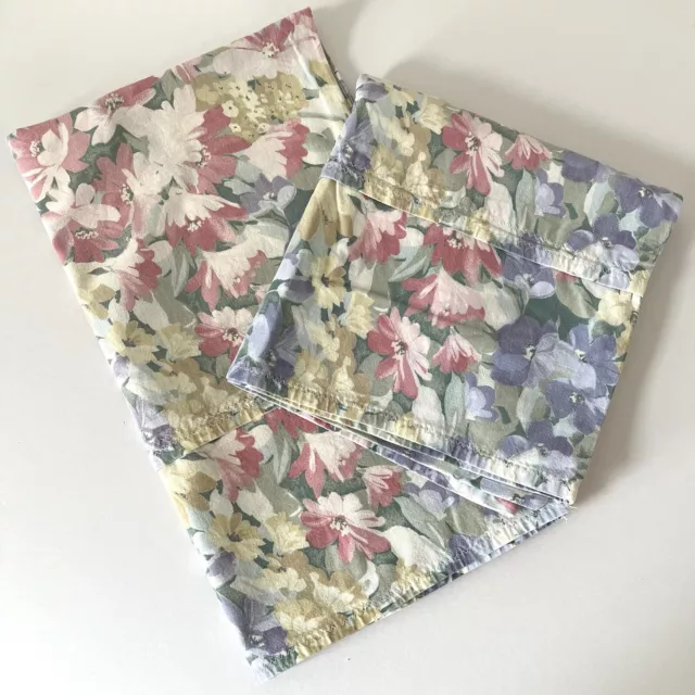 Vintage Floral pillowcases 80s 90s  Pastel Blue Purple Pink Fabric Flowers Pair