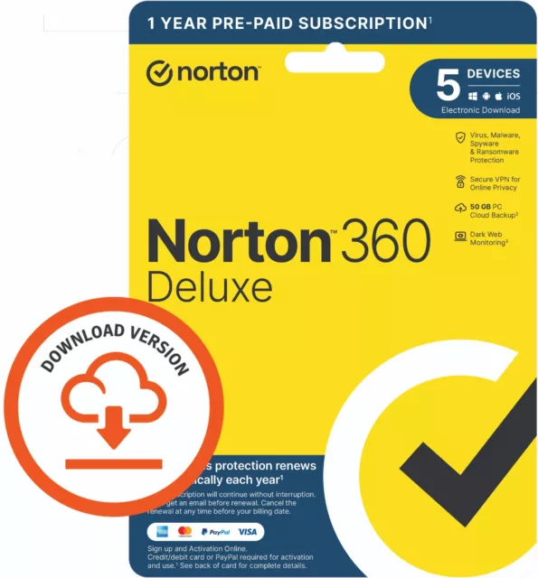 Norton 360 Deluxe Antivirus 2024 5 dispositivi 1 anno inc VPN 5 minuti consegna email