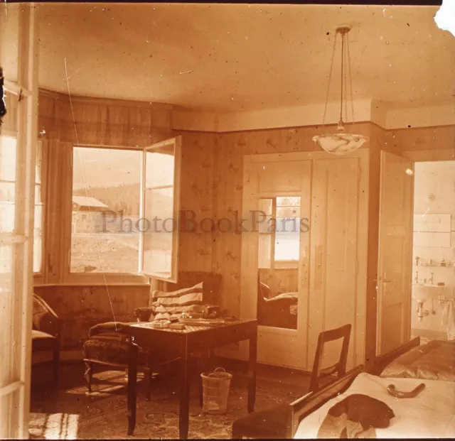 SUISSE Crans-sur-Sierre Chambre d'Hotel Beau-Séjour Photo Stereo Plaque 1931