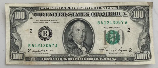 $100 ONE HUNDRED DOLLAR BILL - Old / Vintage 1981 - B District - Only 105.6 mil
