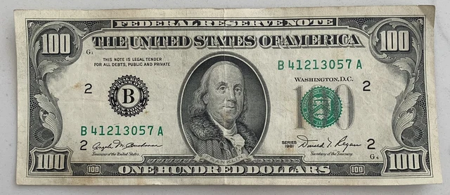 $100 ONE HUNDRED DOLLAR BILL - Old / Vintage 1981 - B District - Only 105.6 mil