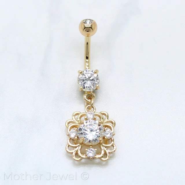 14K Yellow Gold Triple Plated Filigree Square Floral Dangle Cz Belly Navel Ring